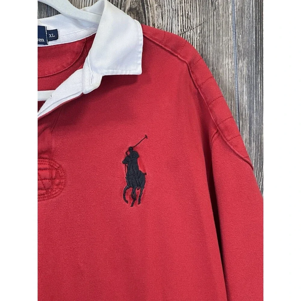 Y2K Polo by Ralph‎ Lauren Red Rugby Shirt Mens XL Old Money Big Pony Chest Logo